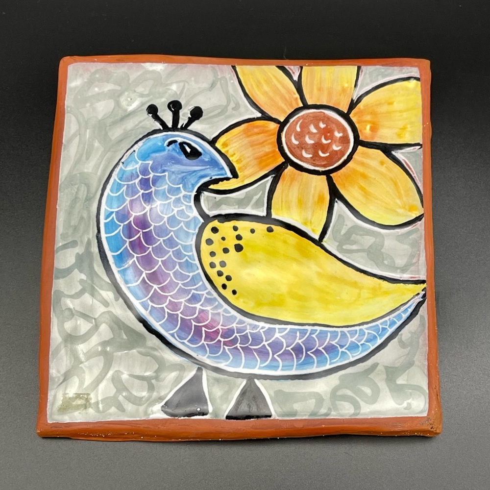 Handmade artist signed tile for wall decor, trivet, garden tile.